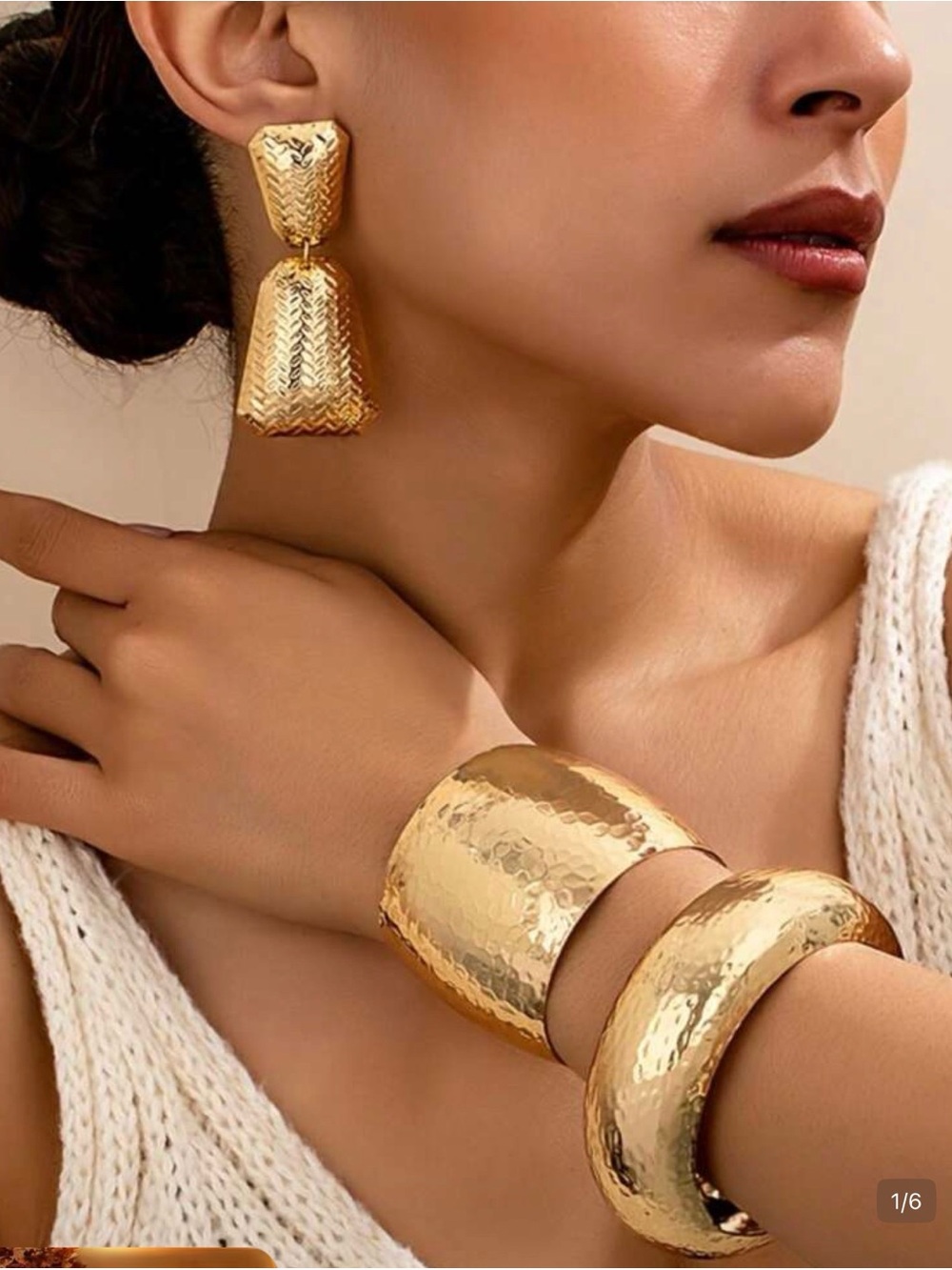 Gold Hammered Statement Earrings & Cuff Bracelet Set - Women Jewelry